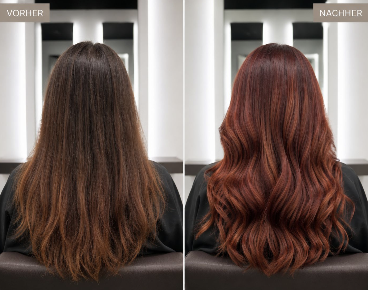 Vorher Nachher rote Coloration mit Locken – Friseur München Pasing